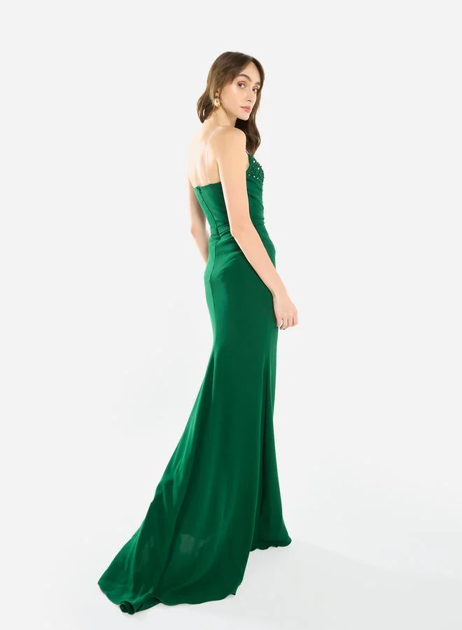 House of Moda Women Ruffled Cascade Beaded Gown Maxi Dress